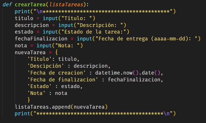Función de creación de tareas
