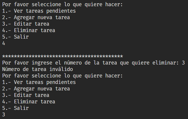 Si queremos eliminar un número de tarea no existente