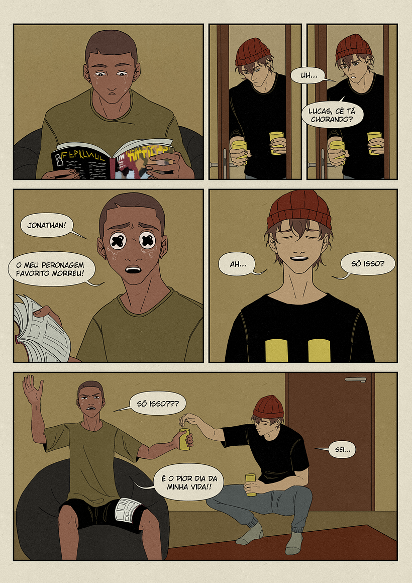 Comic de 1 página, com apenas 2 personagens, cenário simples e cores planas.