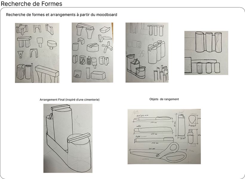 voici les différents croquis pour la recherche de formes et arrangements ainsi que le type d'objet à placer.