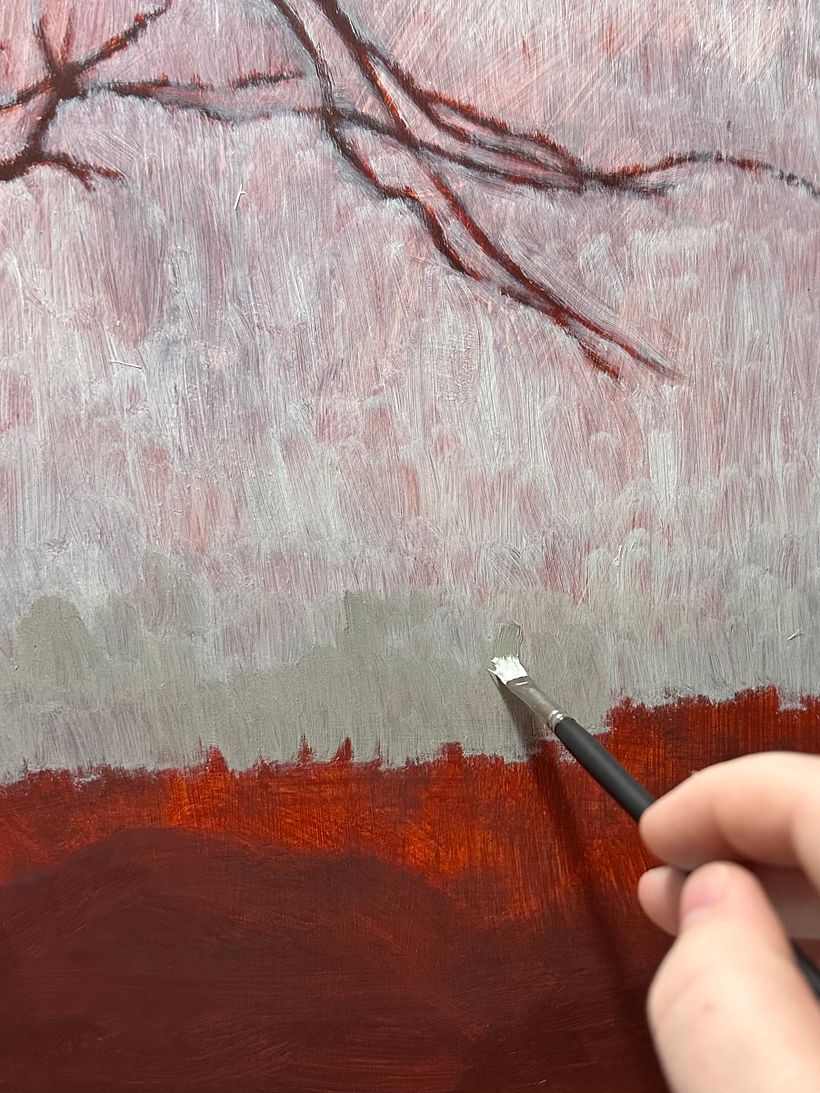 Slowly adding more green earth pigment as we move closer to the tree line to emulate the foggy, distant woods.
