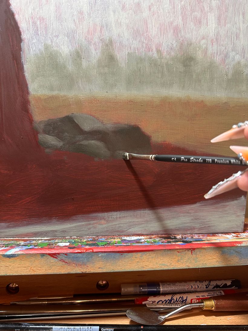 Continuing down the composition, I start painting in the general highlights/shadows of the foreground elements