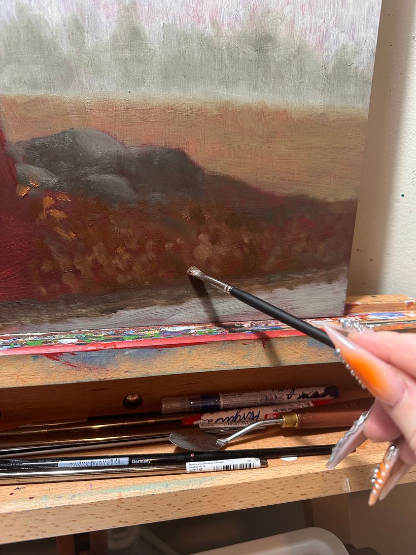 When painting busy moments such as lot of fallen leaves, don't worry about detail! Lean into impressionist marks