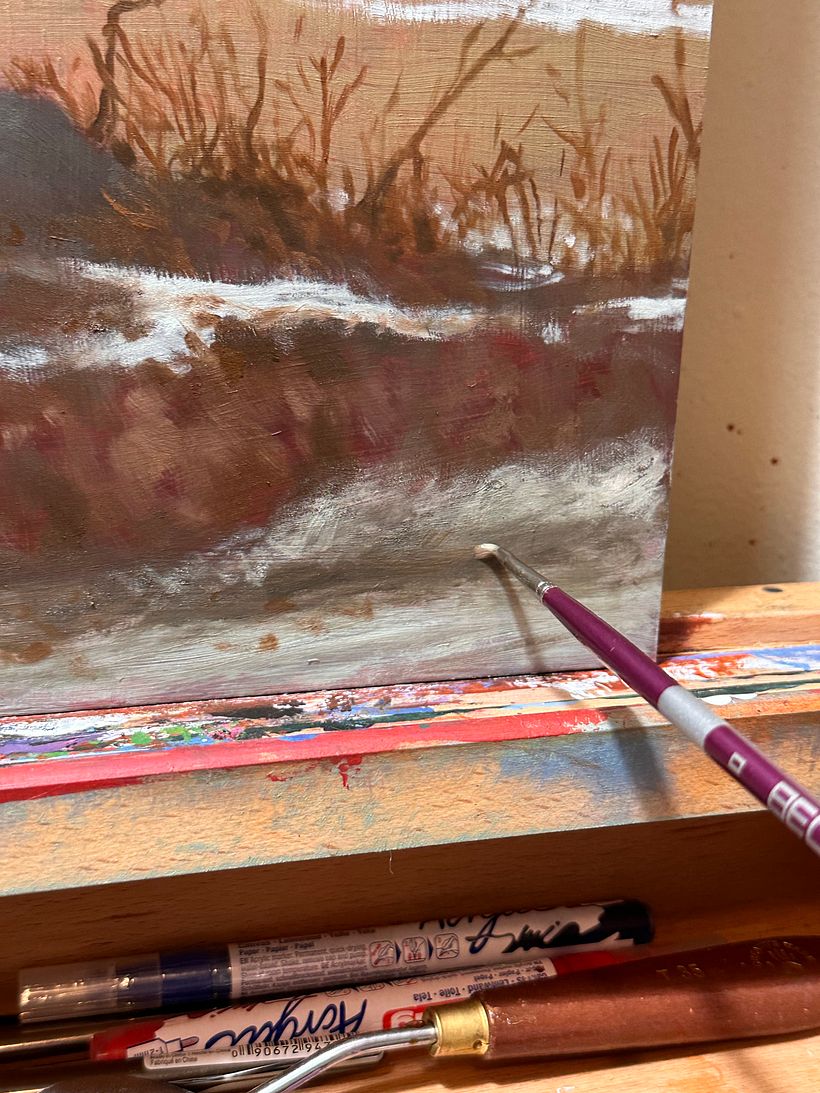 Finally working down toward the bottom, painting some dirty snow piles by the roadside.