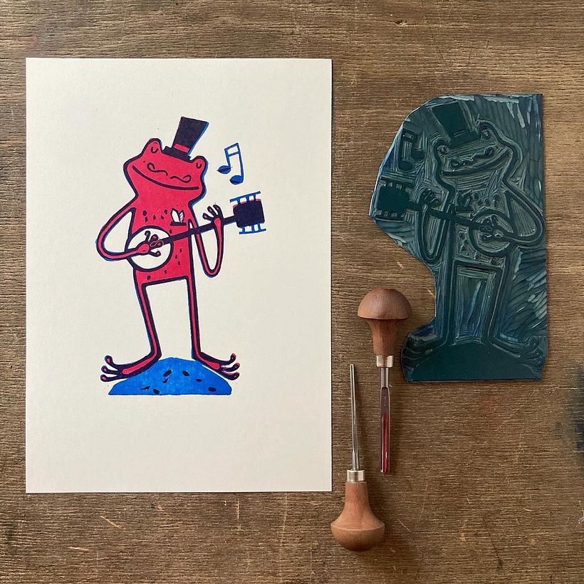 Linocut Banjo Frog