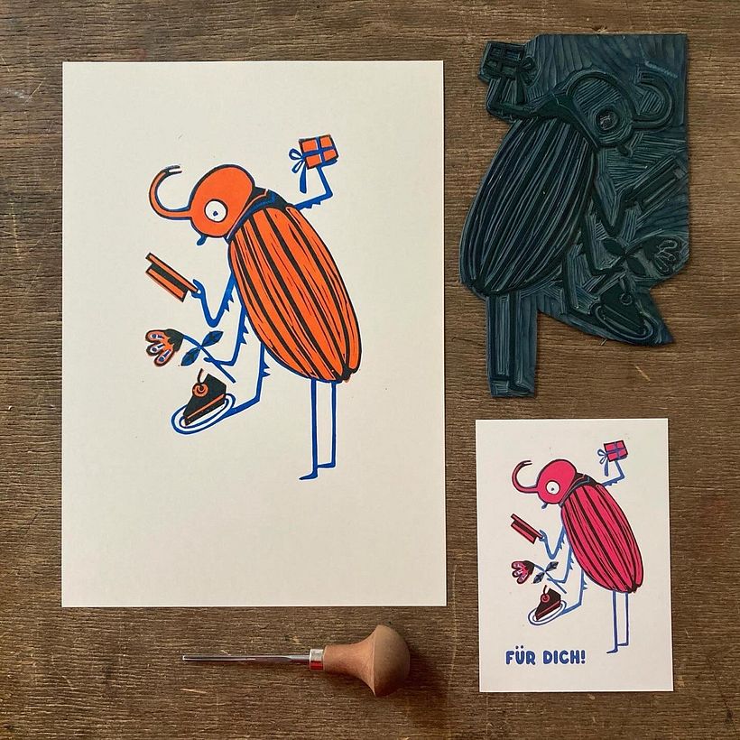 Linocut Happy Bug and Postcard Version