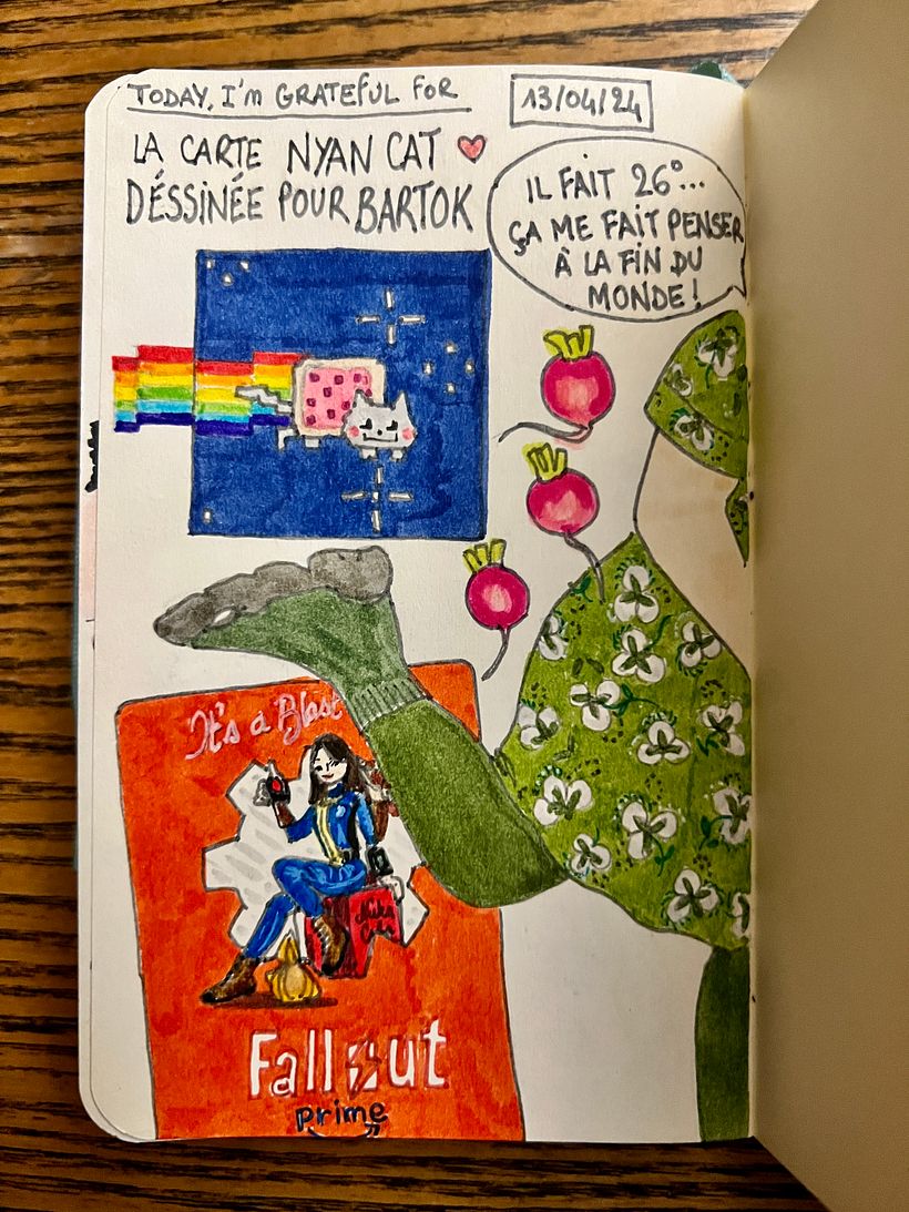 Raddishes ! Feeling uneasy because it is so warm... Drawing a Nyan Cat card for a friend. Watching Fallout, a new series.