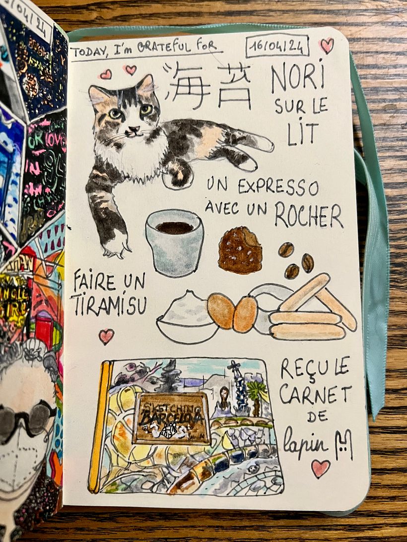Nori's cuddles on the bed. Making a coffee flavoured Tiramisu after expresso and chocolate. A new sketchbook by lapin !