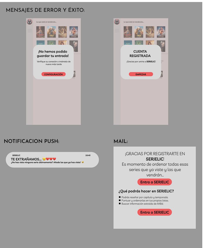 MENSAJE DE ERROR Y ÉXITO, NOTIFICACIÓN PUSH y MAIL de SERIELIC.