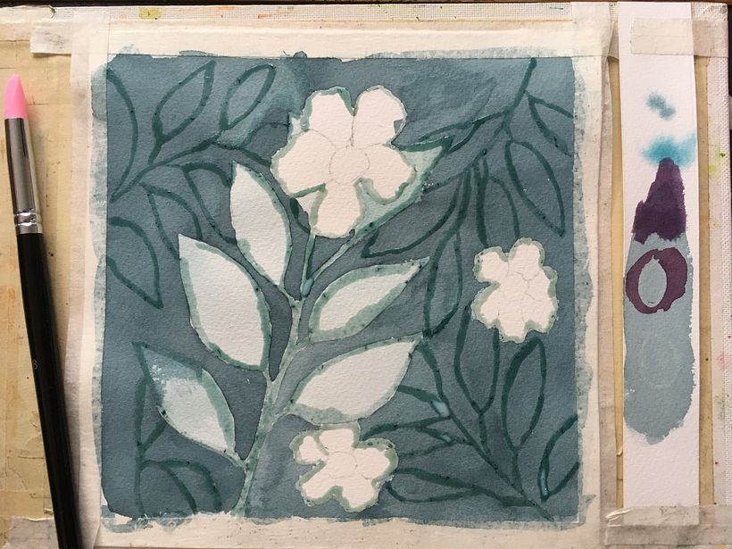 I used masking fluid on the leaf edges to avoid paintng in the wrong area.  Tt made the background painting easier