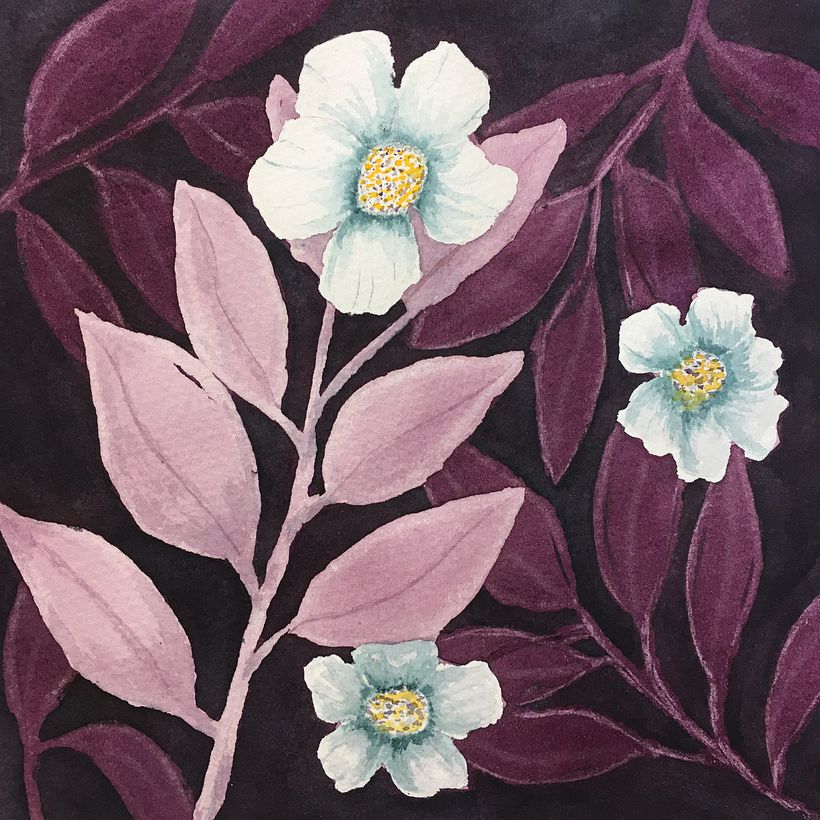 I used a graphite eraser to lift paint from the leaf edges and added another layer to the background