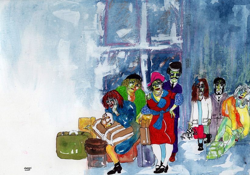 Esperando el tren. (Dibujo de Carmen Luna)