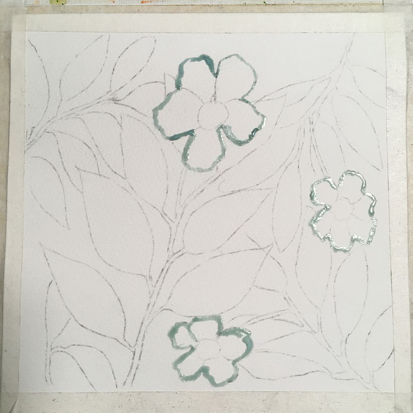 Used masking fluid to avoid painting flowers