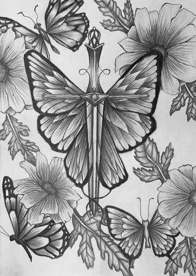 Esta composición y la superior forman parte de un tatuaje más realista y detallado en claroscuros. Realizado con lápiz.