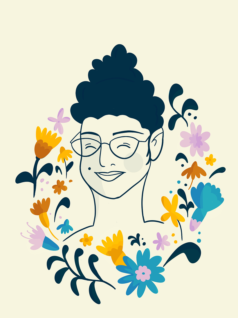 Meu projeto final. Fiz as mesmas flores do curso. Fiz o auto-retrato e nunca imaginei que conseguiria!