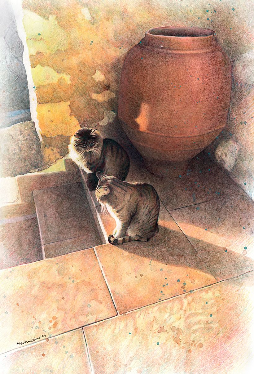 Cats and garden realistic portrait drawing 1