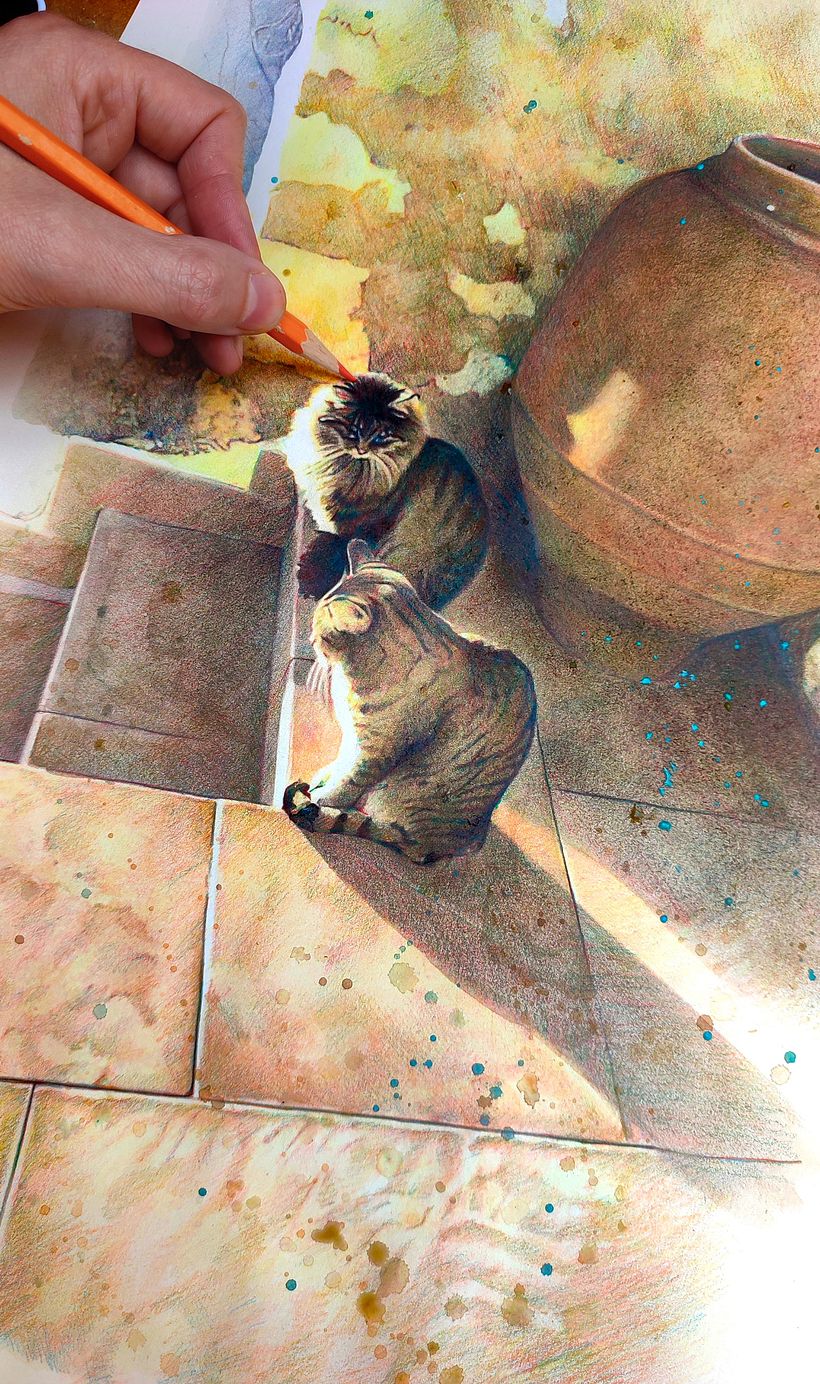 Cats and garden realistic portrait drawing 6
