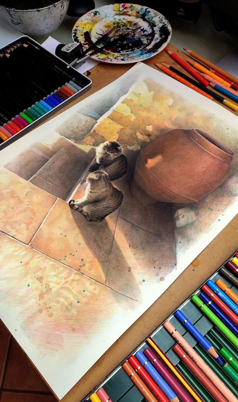 Cats and garden realistic portrait drawing 7