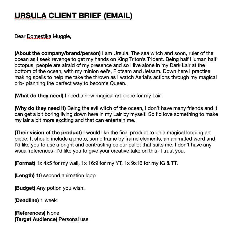 My own brief to create my own personal project based on the villain from 'The Little Mermaid': Ursula.  