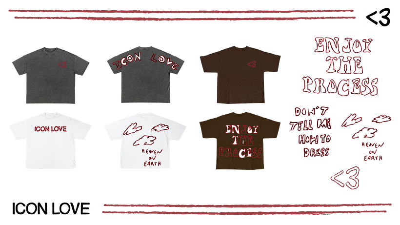 LINESHEET: Pruebas de posibles prendas finales entre diversos diseños de estampados y color de playera