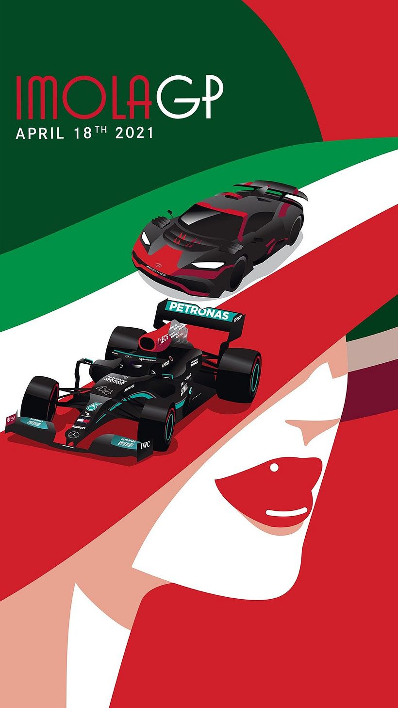 Mercedes AMG F1 - Posters for Mercedes AMG F1 team for the 2021 season. I created artwork for each race of the 2021 with a F1 car and AMG car. The artwork was used in socials as well as printed posters handed to audience in each race.  - Design