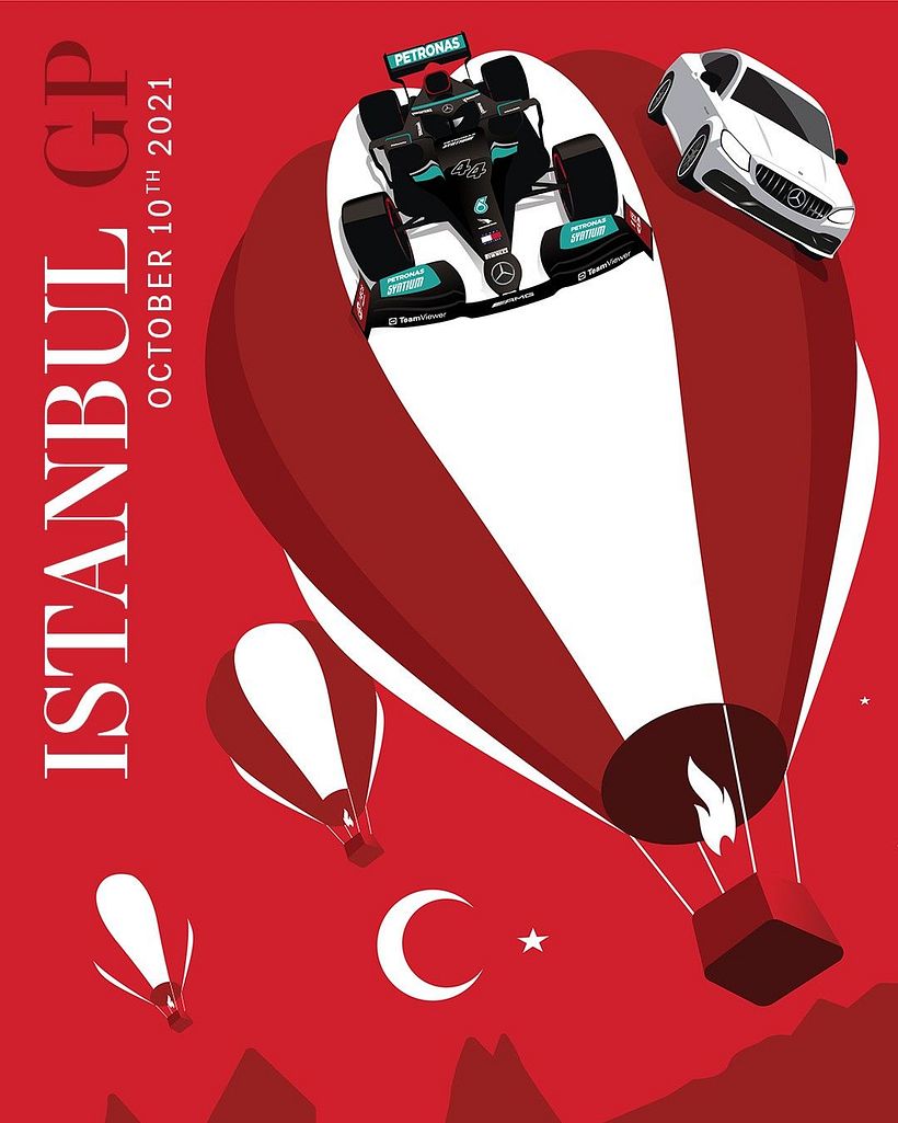 Mercedes AMG F1 - Posters for Mercedes AMG F1 team for the 2021 season. I created artwork for each race of the 2021 with a F1 car and AMG car. The artwork was used in socials as well as printed posters handed to audience in each race.  - Design