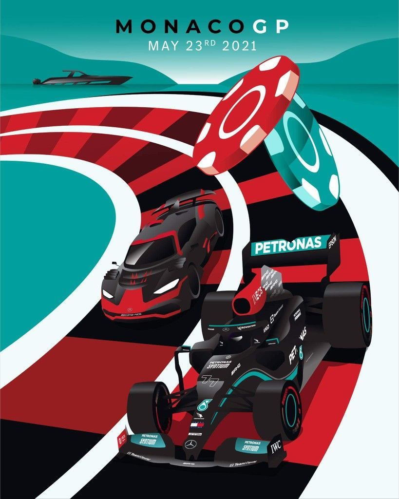 Mercedes AMG F1 - Posters for Mercedes AMG F1 team for the 2021 season. I created artwork for each race of the 2021 with a F1 car and AMG car. The artwork was used in socials as well as printed posters handed to audience in each race.  - Design