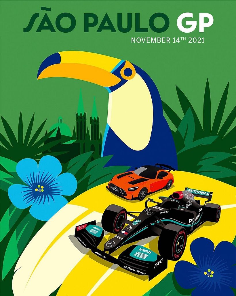 Mercedes AMG F1 - Posters for Mercedes AMG F1 team for the 2021 season. I created artwork for each race of the 2021 with a F1 car and AMG car. The artwork was used in socials as well as printed posters handed to audience in each race.  - Design