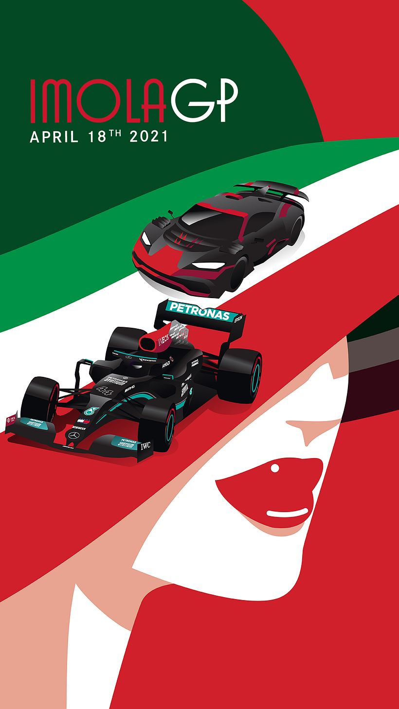 Mercedes AMG F1 - Posters for Mercedes AMG F1 team for the 2021 season. I created artwork for each race of the 2021 with a F1 car and AMG car. The artwork was used in socials as well as printed posters handed to audience in each race.  - Design
