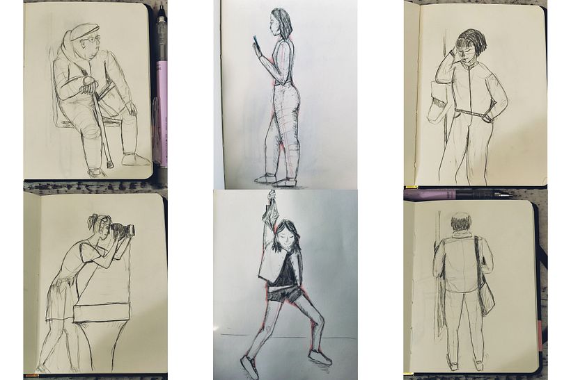 Pour aller plus loin et m'entraîner sur les formes et lignes dynamiques, le croque'métro - croquis de gens rencontrés dans le