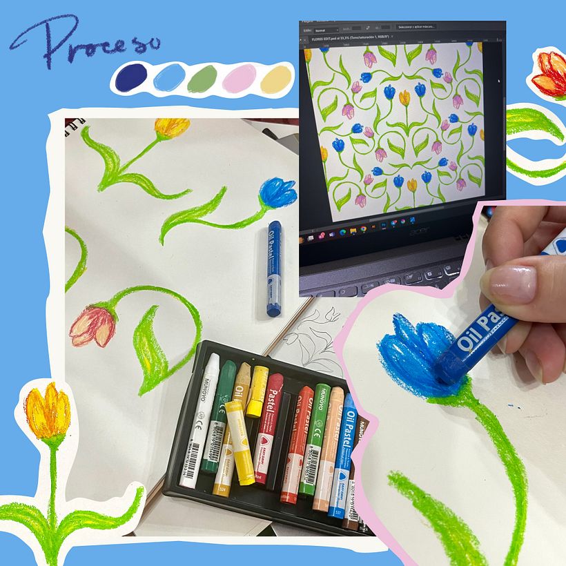 Pinté los tulipanes con óleo pastel, es una de mis técnicas favoritas ya que deja un trazo muy caracteristico