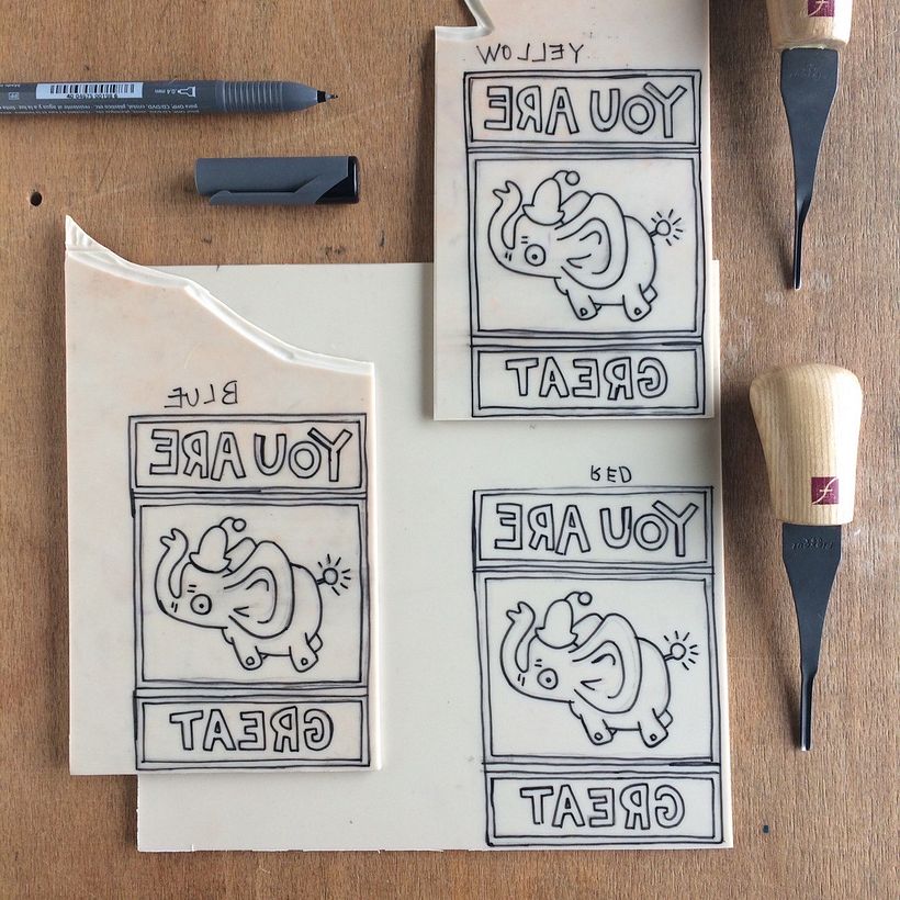 Transferred, mirrored and color separated blocks, ready to be cut (I love Pfeil and Flexcut Tools)