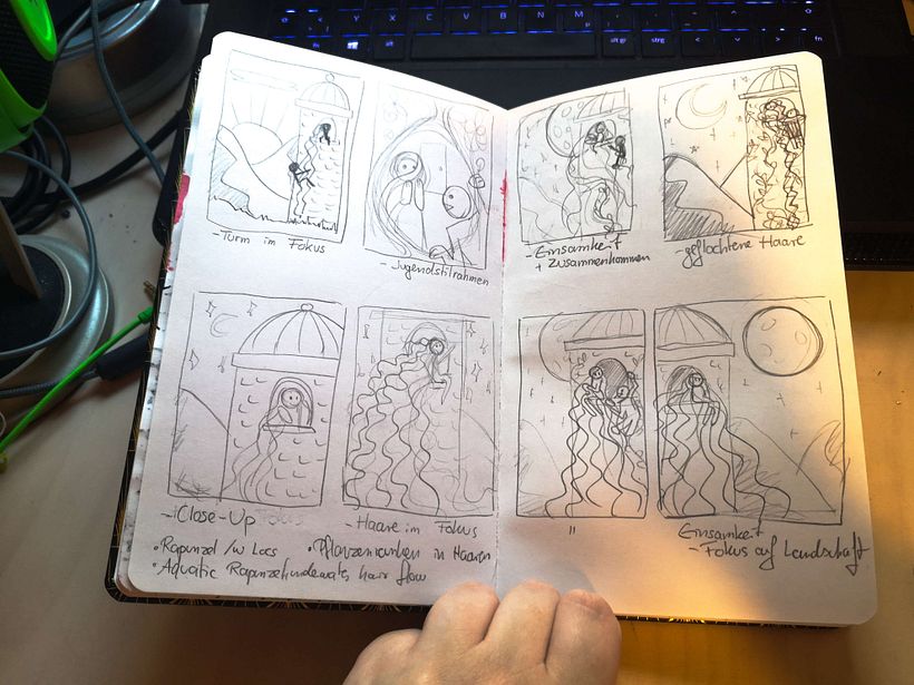 Erste Thumbnails für die Komposition der Illustration.