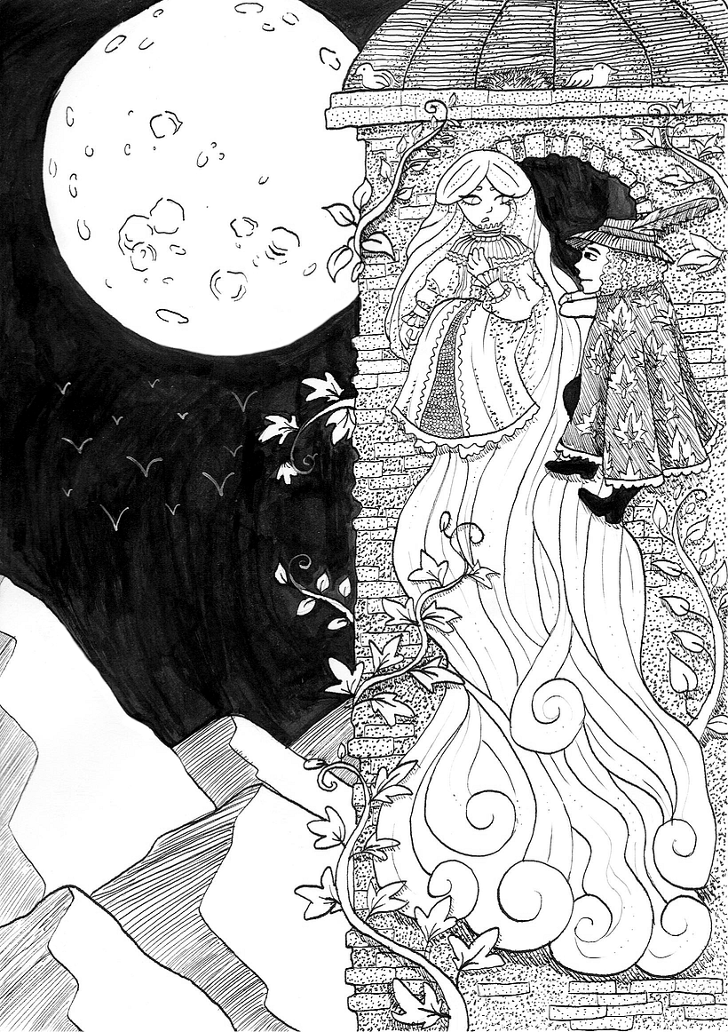 Die eingescannte und bereinigte Illustration für das Märchen "Rapunzel".