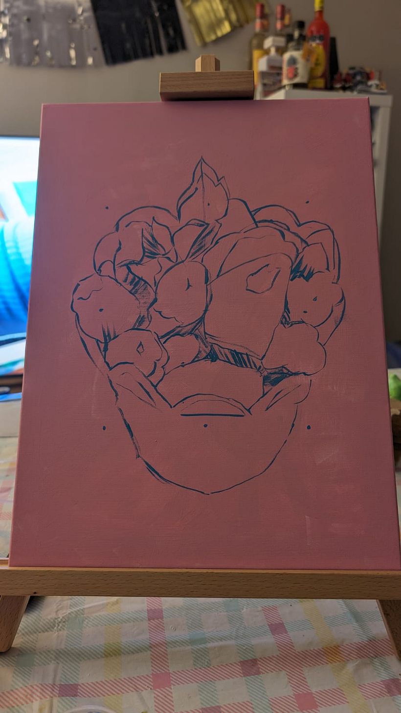 Iniciando con el boceto, es un frutero con fresas, blueberries y zarzamoras./ Starting with the sketch
