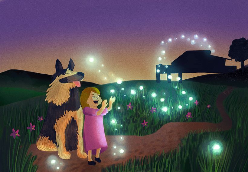 This illustration shows my daughter and Kora her dog chasing fireflies in a place called Diada 