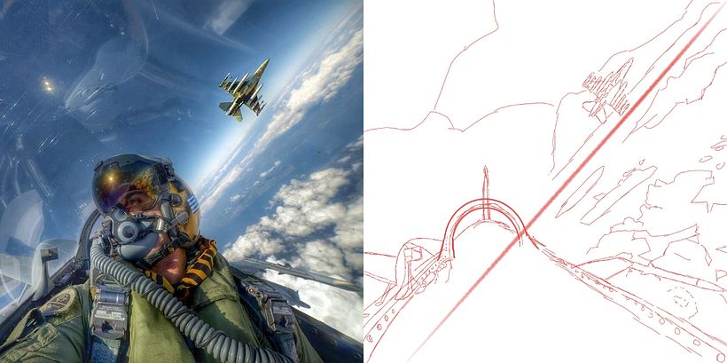 Reference image, then sketch with "missing" details.