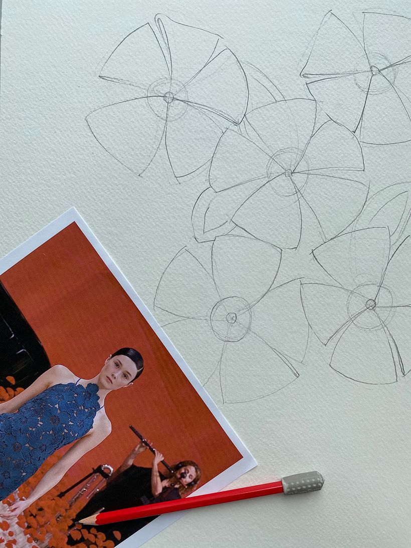 Drawing the background using the Akris lace dress as an inspiration