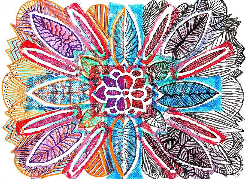 Création d'une fleur avec les tampons ( partie droite finaliser avec de l'encre ) puis ( partie gauche avec du feutre et la p