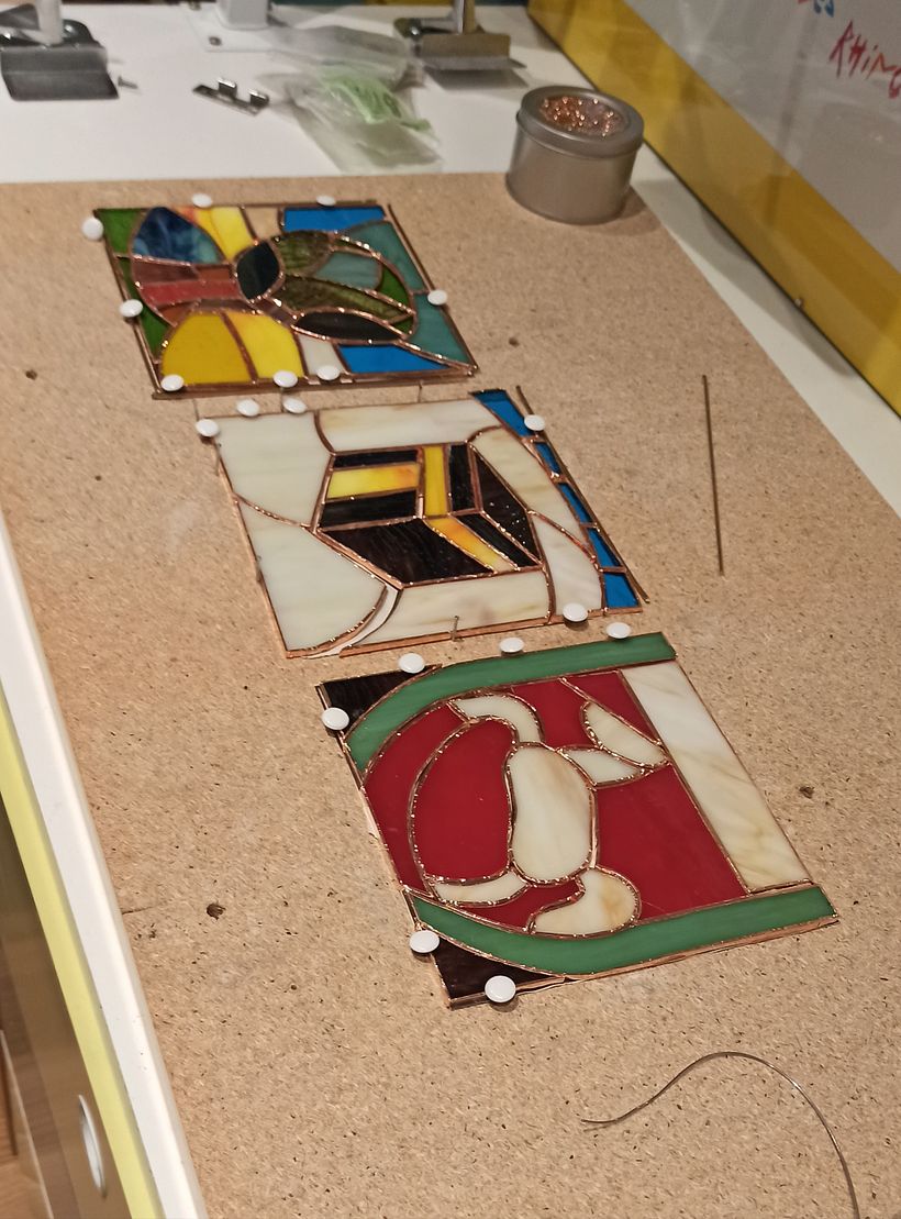 Three panels of five