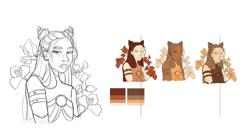 Proceso boceto y prueba de paleta de colores.