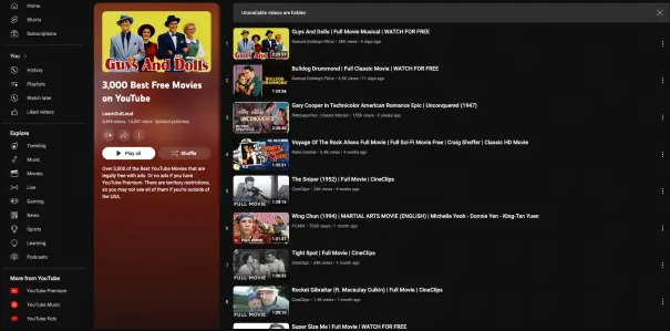 Lista de reproducción de las 3,300 mejores películas y documentales en YouTube