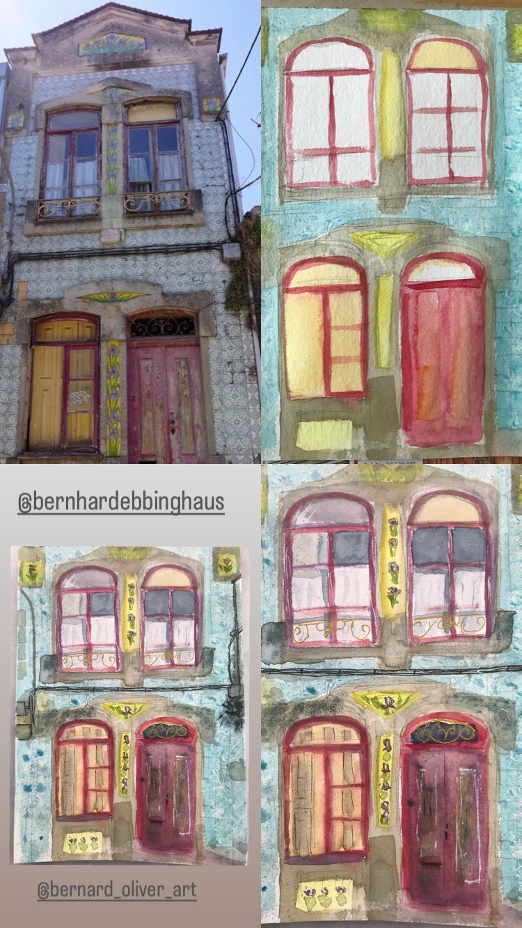 Arte Nova casa in Aveiro, Portugal (photo: Bernhard Ebbinghaus), Watercolour by bernard_oliver_art