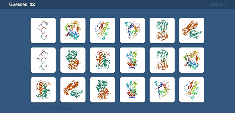Final view of the PDB memory game after finding all pairs.