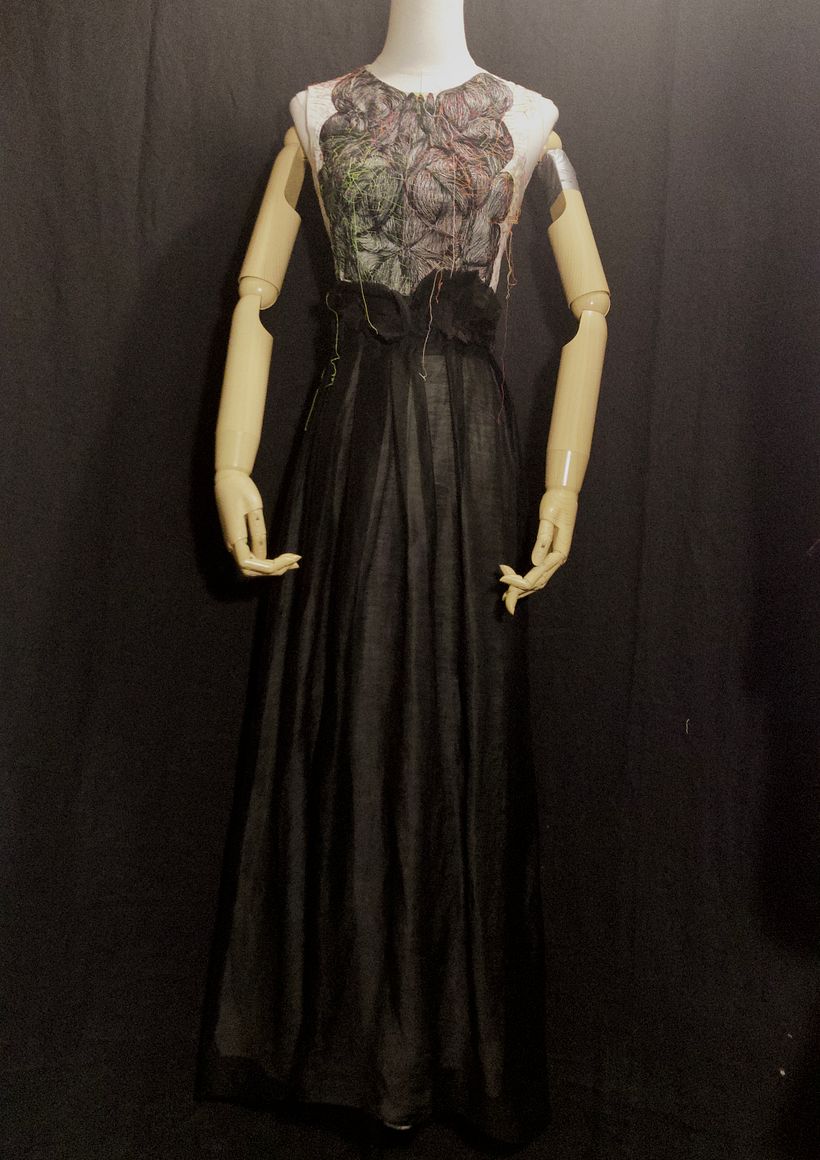 sampling of different pieces embroidered in black thread with accents in colour texture and tactile surface. 1