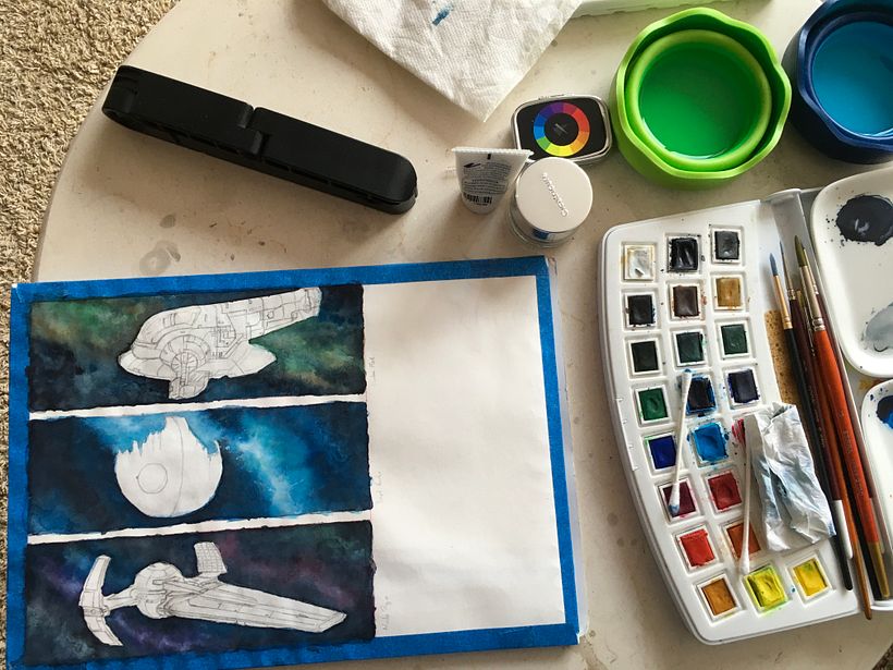 Mi proyecto del curso: Técnicas modernas de acuarela. Me encanto como quedaron las galaxias, fui experimentando con diferentes colores y el resultado fue maravilloso. 3