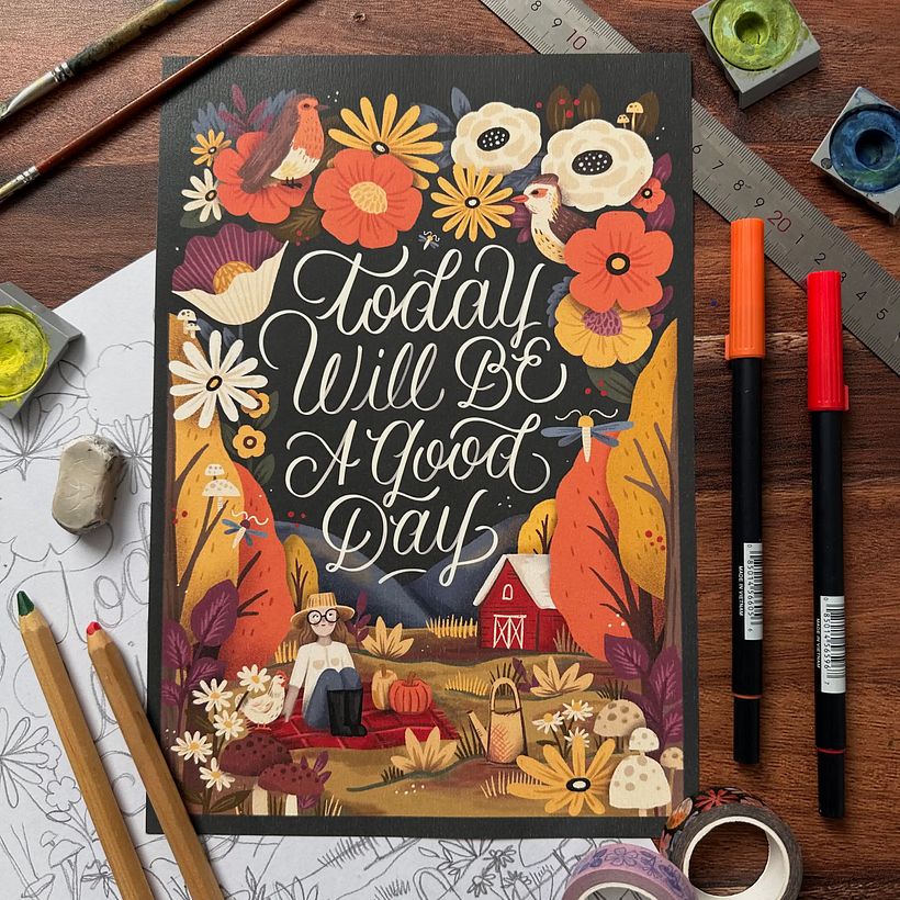 "Today will be a good day" (My final project for the course: Ilustración ornamental con Lettering) 8