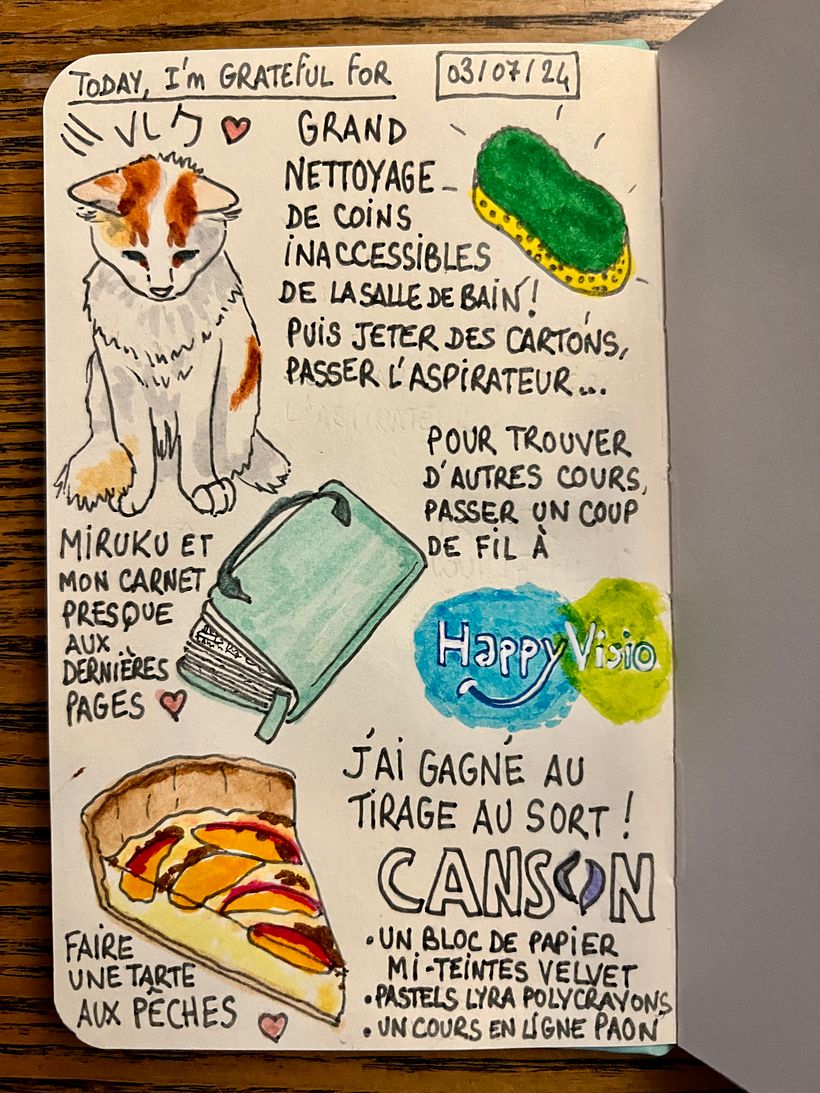 Cleaning the bathroom, calling for more online activities, last pages of a Carnet de gratitude, winning art stuff from Canson