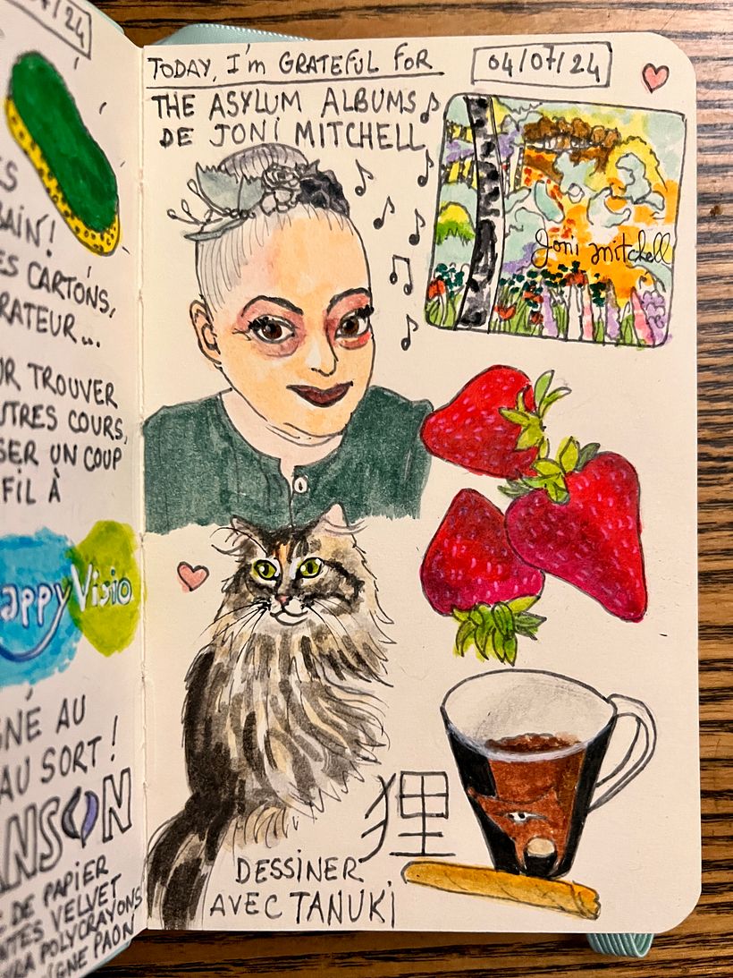 Discovering "The Asylum Years" a Joni Mitchell compilation I didn't know <3 Strawberries and coffee and drawing with Tanuki