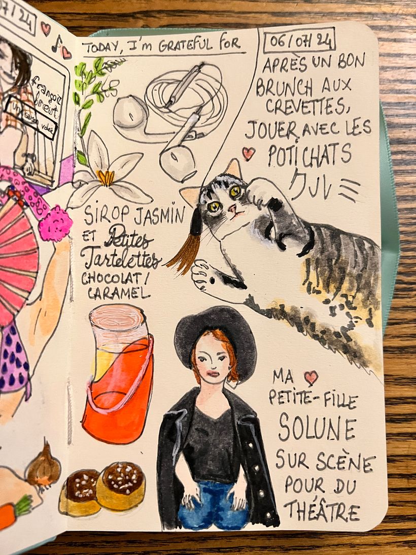 Playing with the Potichats after sharing shrimps. Jasmine drink. My lovely grand-daughter on stage for theater, in a video.